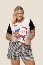 PIJAMA FEMININO PLUS SIZE COM SHORT XADREZ NATAL FAMÍLIA - UNIVERSO TOQUE