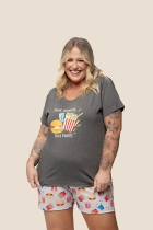 PIJAMA FEMININO PLUS SIZE CURTO COM MANGA BATATA FRITA FAMÍLIA - UNIVERSO TOQUE