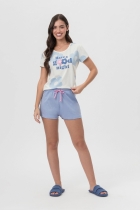 PIJAMA FEMININO COM MANGA AZUL CREME FLORAL - MENSAGEIRO DOS SONHOS