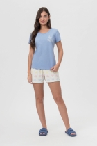 PIJAMA FEMININO COM MANGA AZUL CREME CORAÇÃO - MENSAGEIRO DOS SONHOS