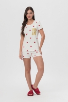 PIJAMA FEMININO COM MANGA CREME CORAÇÕES - MENSAGEIRO DOS SONHOS