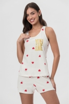 PIJAMA FEMININO COM REGATA CREME CORAÇÕES - MENSAGEIROS DOS SONHOS