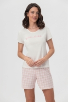 PIJAMA FEMININO COM MANGA CREME ROSA LISTRADO - MENSAGEIRO DOS SONHOS
