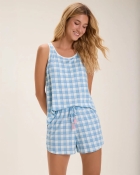PIJAMA FEMININO CURTO COM REGATA AZUL XADREZ FAMÍLIA - COR COM AMOR