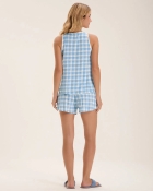 PIJAMA FEMININO CURTO COM REGATA AZUL XADREZ FAMÍLIA - COR COM AMOR