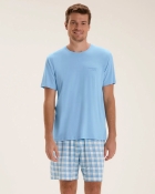 PIJAMA MASCULINO CURTO COM MANGA AZUL XADREZ FAMÍLIA - COR COM AMOR