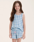 PIJAMA FEMININO INFANTIL COM REGATA AZUL XADREZ FAMÍLIA - COR COM AMOR