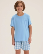 PIJAMA MASCULINO INFANTIL CURTO AZUL XADREZ FAMÍLIA - COR COM AMOR