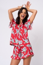 PIJAMA FEMININO COM BOTÕES VERMELHO NATAL PERNALONGA FAMÍLIA - ACUO