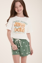 PIJAMA FEMININO INFANTIL COM SHORT VERDE POÁ URSO - COR COM AMOR