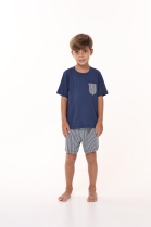 PIJAMA MASCULINO INFANTIL CURTO AZUL LISTRADO FAMÍLIA- BOCEJINHO