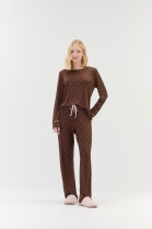 PIJAMA FEMININO MANGA LONGA E CAL&Ccedil;A MARROM COM ROSA PO&Aacute; - COR COM AMOR