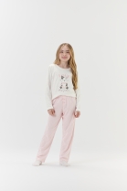 PIJAMA FEMININO JUVENIL CAL&Ccedil;A COM MANGA LONGA BRANCO E ROSA GATO - COR COM AMOR