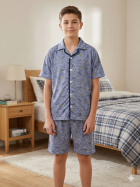 PIJAMA MASCULINO JUVENIL CURTO COM BOTÕES AZUL - MAFESSONI