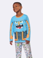PIJAMA MASCULINO JUVENIL LONGO BRILHA NO ESCURO ESTAMPA MONSTROS AZUL - VEGGI