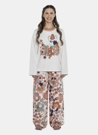 PIJAMA FEMININO MOLETINHO MANGA LONGA E CAL&Ccedil;A BEGE FLORES OUTONO - SONHART