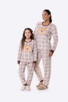 PIJAMA FEMININO INFANTIL MANGA LONGA E CALÇA MARROM XADREZ - BOCEJINHO