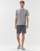 PIJAMA MASCULINO MANGA CURTA E BERMUDA CINZA COM LISTRAS - COR COM AMOR