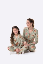 PIJAMA FEMININO INFANTIL MANGA LONGA COM BOTÕES E CALÇA VERDE URSOS - BOCEJINHO