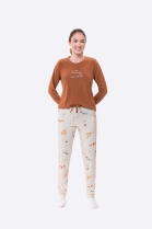 PIJAMA FEMININO MANGA LONGA E CALÇA MARROM E BRANCO BICHOS - BOCEJINHO