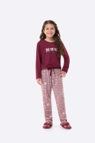 PIJAMA FEMININO JUVENIL MANGA LONGA E CALÇA VINHO URSO - BOCEJINHO