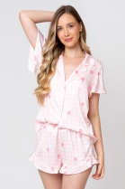 PIJAMA FEMININO MANGA CURTA COM BOT&Otilde;ES E SHORT ROSA CORA&Ccedil;&Otilde;ES - ACUO