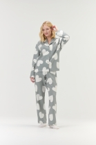 PIJAMA FEMININO MOLETINHO LONGO COM BOT&Otilde;ES CORA&Ccedil;&Otilde;ES CINZAS - COR COM AMOR