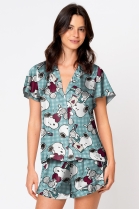 PIJAMA FEMININO CURTO COM BOTÕES E BABADO CETIM VERDE SNOOPY - ACUO