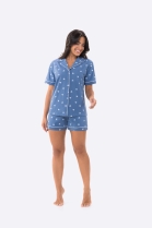 PIJAMA FEMININO MANGA CURTA COM BOTÕES E SHORT AZUL CORAÇÕES - BOCEJINHO