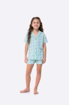 PIJAMA FEMININO JUVENIL CURTO COM BOTÕES AZUL XADREZ - BOCEJINHO