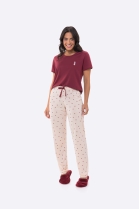 PIJAMA FEMININO MANGA CURTA E CAL&Ccedil;A VINHO CORA&Ccedil;&Otilde;ES - BOCEJINHO