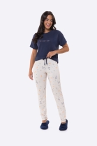 PIJAMA FEMININO MANGA CURTA E CAL&Ccedil;A AZUL MARINHO BREAKFAST - BOCEJINHO