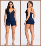 PIJAMA FEMININO DE ALÇA COM RENDA E SHORT AZUL MARINHO - ESSENCIAL