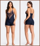 PIJAMA FEMININO DE ALÇA COM RENDA BICOLOR E SHORT AZUL MARINHO - ESSENCIAL
