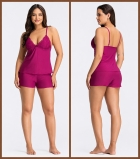 PIJAMA FEMININO DE AL&Ccedil;A COM RENDA E SHORT MORADO - ESSENCIAL