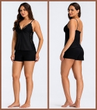 PIJAMA FEMININO DE ALÇA COM RENDA E SHORT PRETO - ESSENCIAL