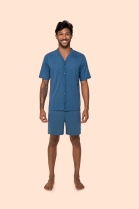 PIJAMA MASCULINO MANGA CURTA COM BOT&Otilde;ES E BERMUDA AZUL - BOCEJINHO