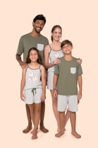 PIJAMA FEMININO INFANTIL DE ALÇA E SHORT VERDE XADREZ FAMÍLIA - BOCEJINHO