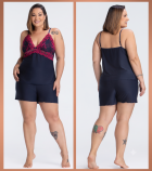 PIJAMA FEMININO CURTO DE ALÇA COM RENDA BICOLOR MARINHO PLUS SIZE - ESSENCIAL