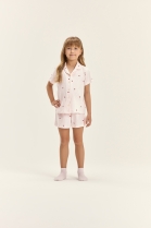 PIJAMA FEMININO INFANTIL MANGA CURTA COM BOT&Otilde;ES E SHORT LISTRADO ROSA - COR COM AMOR