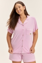 PIJAMA FEMININO MANGA CURTA COM BOT&Otilde;ES E SHORT ROSA PLUS SIZE - COR COM AMOR