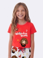 PIJAMA FEMININO JUVENIL MANGA CURTA E SHORT VERMELHO HARRY POTTER - VEGGI
