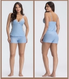 PIJAMA FEMININO DE AL&Ccedil;A COM RENDA E SHORT AZUL FROZEN - ESSENCIAL