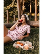 PIJAMA FEMININO MANGA CURTA COM BOTÕES E SHORT XADREZ CEREJA - VEGGI