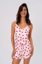 PIJAMA FEMININO DE ALÇA E SHORT CETIM BRANCO CEREJA - ACUO
