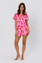 PIJAMA FEMININO MANGA CURTA COM BOT&Otilde;ES E SHORT CETIM ROSA CORA&Ccedil;&Otilde;ES - ACUO