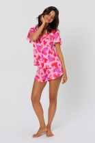 PIJAMA FEMININO MANGA CURTA COM BOT&Otilde;ES E SHORT CETIM ROSA CORA&Ccedil;&Otilde;ES - ACUO