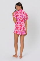 PIJAMA FEMININO MANGA CURTA COM BOT&Otilde;ES E SHORT CETIM ROSA CORA&Ccedil;&Otilde;ES - ACUO