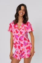 PIJAMA FEMININO MANGA CURTA COM BOT&Otilde;ES E SHORT CETIM ROSA CORA&Ccedil;&Otilde;ES - ACUO