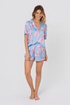 PIJAMA FEMININO MANGA CURTA COM BOT&Otilde;ES E SHORT AZUL BORBOLETAS - ACUO